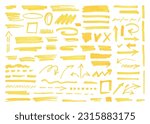 Yellow highlighter elements, acid highlighters marker stripe. Underline element, color text mark. Markers brushes underline neoteric vector set
