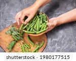 green peas, pods and peas on a loft gray background. Woman holding a bowl of green peas in her hands