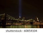 Downtown Manhattan with twin tower light beams, photographed on 9-11-2010