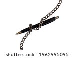  A black ballpoint pen wrapped in an iron chain.  Isolated on a white background. Concept- restriction of freedom of speech.