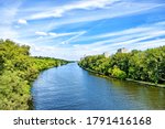 picturesque moscow city moskva river canal nature landmark with forest park scenery reflection on water against blue sky background. Urban landscape. Summer in city. Wide view