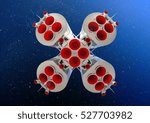 Small photo of Space spaceship rocket vehicle bottom belly panoramic view of rocket jet engine exhaust nozzle against stars abstract space travel exploration theme background