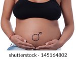 Small photo of The tummy of a woman far gone with child, having the Mars sign playfully drown around the navel, hands on her abdomen.