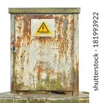 Small photo of Power distribution board electric wiring switchboard panelboard panel outdoor unit, old aged weathered vintage grunge rust compartment box, yellow high voltage warning sign, isolated grungy closeup
