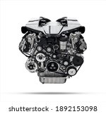 new car engine isolated on white background. Black and white image