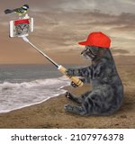 A Gray Cat In A Red Cap With A...