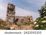 Small photo of Celtic. Castle ruins. Castle ruins in summer time. Old life is over. Ancient times. Ruins of Medieval Castle. Tourist places in Ireland. Tourism in Ireland. Rock of Dunamase. Celtic Fortification.