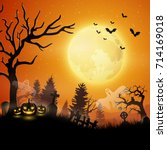 halloween night with pumpkins... | Shutterstock . vector #714169018