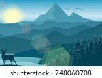 mountain landscape with deer... | Shutterstock . vector #748060708