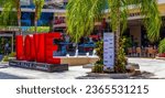 Small photo of Playa del Carmen Quintana Roo Mexico 26. March 2021 Red love lettering sign and symbol in La Quinta Avenida in Playa del Carmen Quintana Roo Mexico.