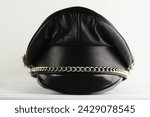 Small photo of Genuine Leather Biker Army Fetish Peak Muir Cap Hat with Chain