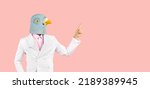 Small photo of Strange guy with funny bird head points his index finger at blank copy space on right side. Man in suit and wacky pigeon mask showing something on solid pastel pink text copyspace banner background