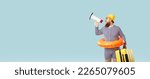 Small photo of Funny man in swimsuit and swim ring standing on blank text copyspace banner background, holding travel bag and megaphone, advertising airplane ticket sale and promising fun summer holiday overseas