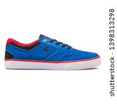 Small photo of VIENNA, AUSTRIA - AUGUST 10, 2017: DC Argosy Vulc blue, black and red sneaker on white background.