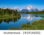 View of Mount Moran in Grand Teton National Park from oxbow bend