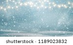 Christmas, Snowy  background with light garlands, falling snow, snowflakes,  snowdrift for winter and new year holidays. Holiday winter landscape. Vector.