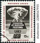 Small photo of MOSCOW, RUSSIA - AUGUST 26, 2022: A stamp printed UN shows Padlocked Atomic Blast, Constitution Ratification Issue, 1964