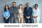 The business people standing on the gray wall background. Business team headed with boss, posing to camera over grey wall in office. Diverse businesspeople smiling at the camera 