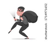 Cartoon thief walking carefully, bandit carries sack with money. Funny burglar. Vector illustration on white background