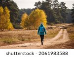 Hiking In Autumn Forest. Woman...