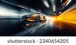 Yellow sports car riding on highway road. Car in fast motion. Fast moving supercar on the street. 3d illustration