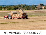 Large hay bales are loaded on a trailer in the Tuscan countryside, Italy