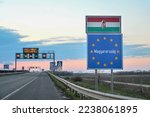 Sign at the entrance to Hungary. The border between the Romania and Hungary. Highway. Inscription: Hungary.  