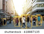 Machine Learning analytics identify person technology , Artificial intelligence concept. Software ui analytics and recognition people in city with flare light effect (blur all human face)