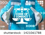 Small photo of Code of conduct industrial workers relationship concept. Worker offers scales with code of conduct collocation on virtual screen.