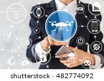 Businessman presses drone sign. Businesswoman touched quadrocopter icon with camera. Fly delivery button, remote control with smartphone. Network, online, buy, internet shopping, smart home.