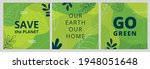Set of Earth Day posters with green backgrounds, liquid shapes, leaves and elements. Layouts for prints, flyers, covers, banners design. Eco concepts. Vector illustration