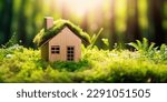 Small photo of Green and environmentally friendly housing concept. Miniature wooden house in spring grass, moss and ferns on a sunny day. Eco house