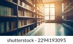 Small photo of Blurred public library interior space. Defocused bookshelves with books - vintage tone. Learning and education concept background