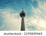 Small photo of BERLIN - JULY, 2017: Fernsehturm (Television Tower) close to Alexanderplatz. The Fernsehturm is the fourth tallest freestanding structure in Europe with its 368 metres.