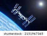 Iss over the planet Earth. Elements of this image furnished by NASA. High quality photo