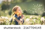 Small photo of cute little girl blowing dandelions in a sunny flower meadow . Summer seasonal outdoor activities for children. The child smiles and enjoys summer fun