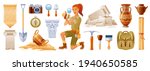 Archaeologist cartoon vector. Archeology ancient history flat icon set. Fossil, pottery, column artifact. Dig excavation tool, brush. Greek Egypt archaeology illustration. Archeologist  3d collection 