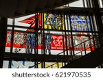 Small photo of BERLIN - MARCH 2017: Beautiful communist stained glass inside ESMT building in Berlin, Germany