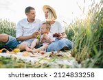 Happy family with little son relaxing in a picnic in a wheat field.