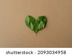 Green heart on a kraft paper background. Heart shape in fresh green spinach leaves. Valentine in eco-friendly vegan style. Valentine's Day concept, copy space. I love green vegetables, salad, spinach