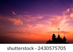 Small photo of Night sky with crescent moon and stars of Ramadan sky. Mosque dome, Islamic landmark.mosque dome of light of hope arabic islamic architecture Concept Religion islam