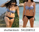 Real before and after weight loss photo of woman's body in bikini. Unprofessional, amateur natural before and after photos, which can be used as illustrative for advertising slimming products