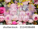 March is Women's History Month festive card with glassmorphism effect. Floral pink blur background and text in frame, mixed media.