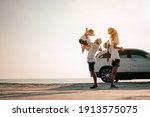 Family vacation holiday,Happy family, parents holding children flying in the sky.Concept family and Holiday and travel.