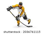 Athlete in action. Professional hockey player in the helmet and gloves on white background. Sports emotions. Hockey concept