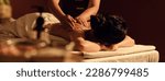 Small photo of Relaxation woman back massage with masseur in cosmetology spa centre. Relaxing female customer get service aromatherapy massage with masseuse in spa salon.