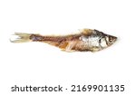 Small photo of Leftovers from dried roach. Fish close up. Isolated on a white background.