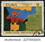 Small photo of SINGAPORE - March 16, 2023: A stamp printed in Cuba shows Sugar cane cutter painting by Horacio Carracedo, Exhibition of Children’s Drawings in Havana series, circa 1971