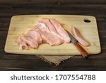 Small photo of Baked turkey saute, meat saute, hair roaster. The whole story of chopping, marinating, cooking and serving. On wooden rustic table. Natural environment. Perspective.