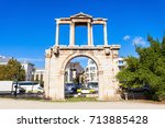 Small photo of The Arch of Hadrian or Hadrian's Gate is a monumental gateway resembling in some respects a Roman triumphal arch. The Arch of Hadrian is located in the center of Athens, Greece.